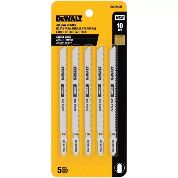 DEWALT 4 in. 10 TPI Fine Finish Wood Cutting Jig Saw Blade HCS T-Shank (5-Pack)