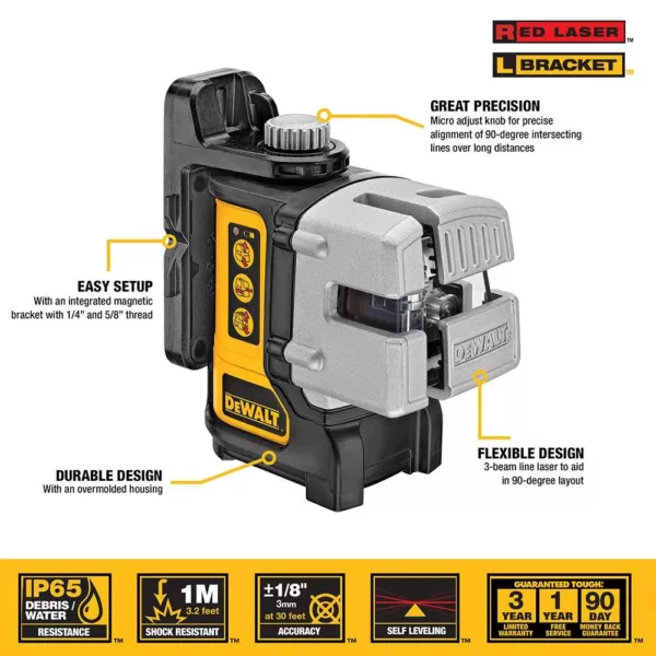 DEWALT 50 ft. & 165 ft. Red Self-Leveling 3-Beam Cross Line Laser Level with (4) AA Batteries & Case