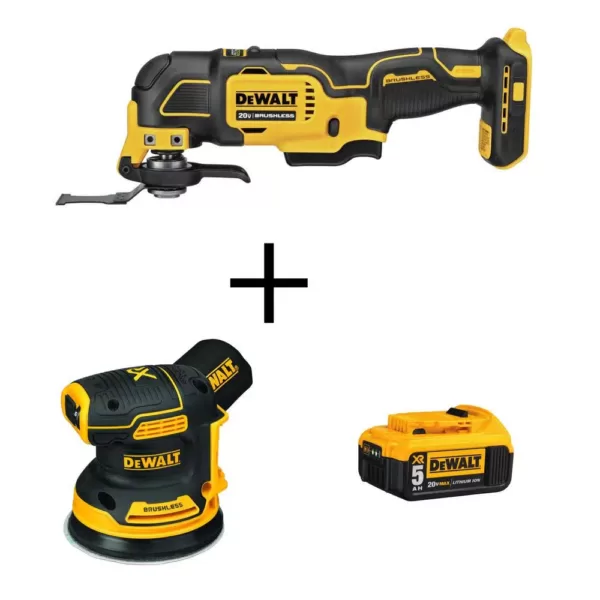 DEWALT ATOMIC 20-Volt MAX Cordless Brushless Oscillating Multi-Tool, 5 in. Random Orbital Sander & (1) 20-Volt Battery 5.0Ah