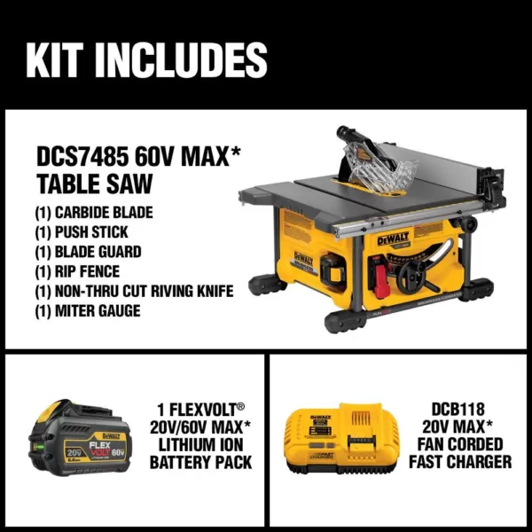 DEWALT FLEXVOLT 60-Volt MAX  Cordless Brushless 8-1/4 in. Table Saw Kit with (1) FLEXVOLT 6.0Ah Battery