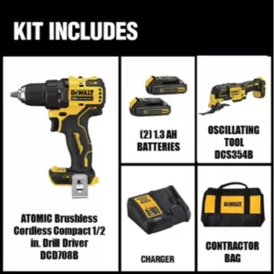 DEWALT ATOMIC 20-Volt MAX Cordless Brushless Compact 1/2 in. Drill/Driver, (2) 20-Volt 1.3Ah Batteries & Oscillating Tool