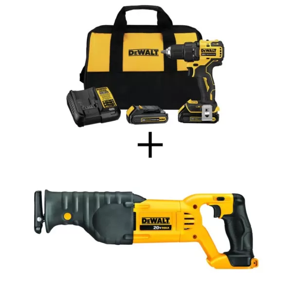 DEWALT ATOMIC 20-Volt MAX Cordless Brushless Compact 1/2 in. Drill/Driver, (2) 20-Volt 1.3Ah Batteries & Reciprocating Saw