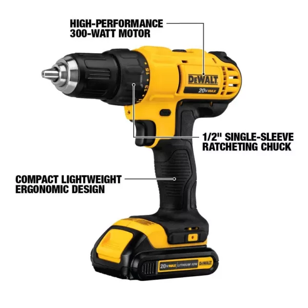 DEWALT 20-Volt MAX Cordless 1/2 in. Drill/Driver, (2) 20-Volt 1.3Ah Batteries, Charger & Bag