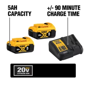 DEWALT 20-Volt MAX XR Premium Lithium-Ion 5.0Ah Battery Pack (3-Pack), Charger & Kit Bag