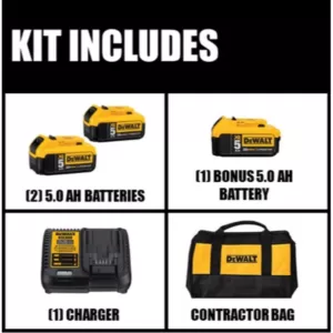 DEWALT 20-Volt MAX XR Premium Lithium-Ion 5.0Ah Battery Pack (3-Pack), Charger & Kit Bag