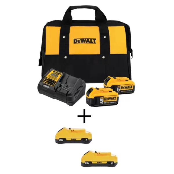 DEWALT 20-Volt MAX XR Premium Lithium-Ion 5.0Ah Battery Pack (2-Pack), Compact 3.0Ah Battery Pack (2-Pack), Charger & Kit Bag