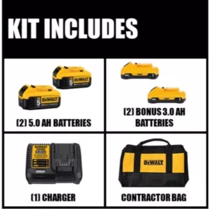 DEWALT 20-Volt MAX XR Premium Lithium-Ion 5.0Ah Battery Pack (2-Pack), Compact 3.0Ah Battery Pack (2-Pack), Charger & Kit Bag