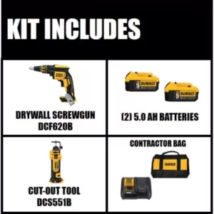 DEWALT 20-Volt MAX XR Cordless Brushless Drywall Screw Gun with (2) 20-Volt 5.0Ah Batteries & Cut-Out Tool