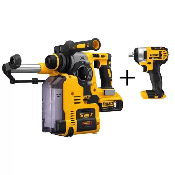 DEWALT 20-Volt MAX XR 1 in. SDS Plus L-Shape Rotary Hammer w/ Extractor, (2) 20-Volt 5.0Ah Batteries & 1/2 in. Impact Wrench