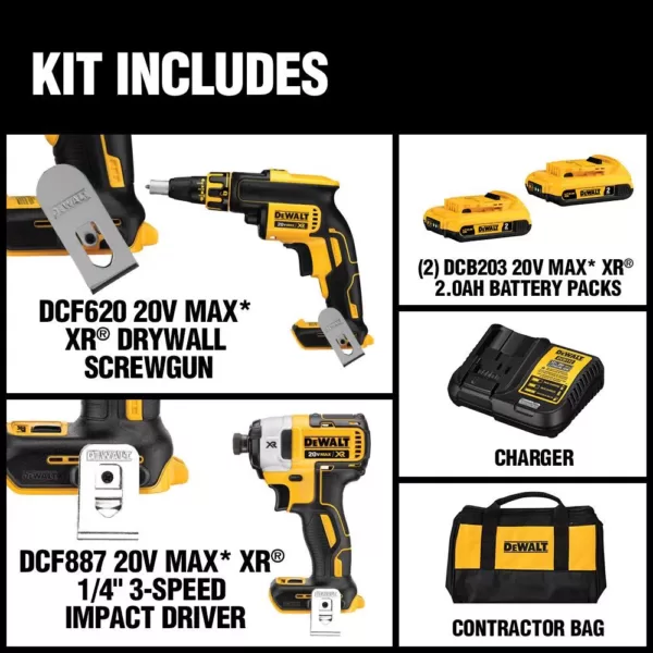 DEWALT 20-Volt MAX XR Cordless Drywall Screw Gun/Impact Driver Combo Kit (2-Tool) with (2) 20-Volt 2.0Ah Batteries & Charger