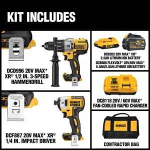 DEWALT 20-Volt MAX Cordless Brushless Combo Kit (2-Tool) with (1) FLEXVOLT 6.0Ah Battery, (1) 20-Volt 2.0 Battery & Charger