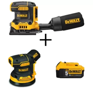 DEWALT 20-Volt MAX XR Cordless Brushless 1/4 Sheet Sander with 5 in. Random Orbital Sander & (1) 20-Volt Battery 5.0Ah