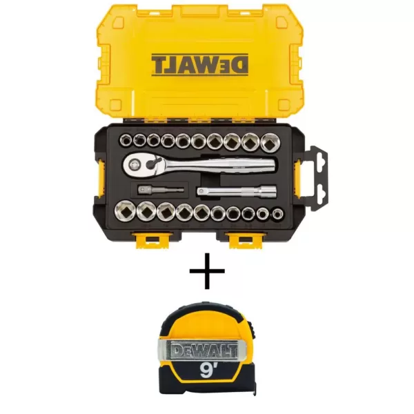 DEWALT 1/2 in. Drive Combination Socket Set with Case (23-Piece) with Bonus 9 ft. x 1/2 in. Pocket Tape Measure