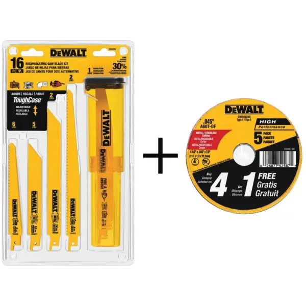 DEWALT Bi-Metal Reciprocating Saw Blade Set with Case (16-Piece) with Bonus 4-1/2 in. Metal and SS Cutting Wheel (5-Pack)