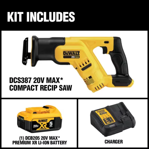 DEWALT 20-Volt MAX Lithium-Ion Cordless Compact Reciprocating Saw Kit with Battery 5Ah, Charger and Contractor Bag