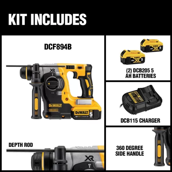 DEWALT 20-Volt MAX XR Cordless Brushless 1 in. SDS Plus L-Shape Rotary Hammer with (2) 20-Volt 5.0Ah Batteries & Charger