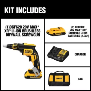 DEWALT 20-Volt MAX XR Cordless Brushless Drywall Screw Gun with (2) 20-Volt 2.0Ah Batteries & Charger