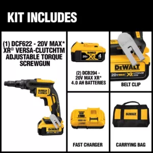 DEWALT 20-Volt MAX XR Cordless Brushless Drywall Screw Gun with Versa-Clutch Adjustable Torque with (2) 20-Volt 4.0Ah Batteries