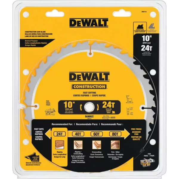 DEWALT Construction 10 in. 24-Teeth Thin Kerf Table Saw Blade