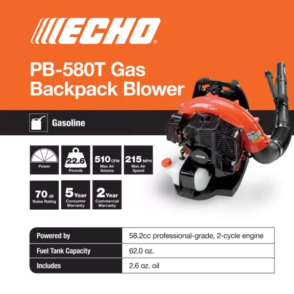 ECHO 216 MPH 517 CFM 58.2cc Gas 2-Stroke Cycle Backpack Leaf Blower with Tube Throttle