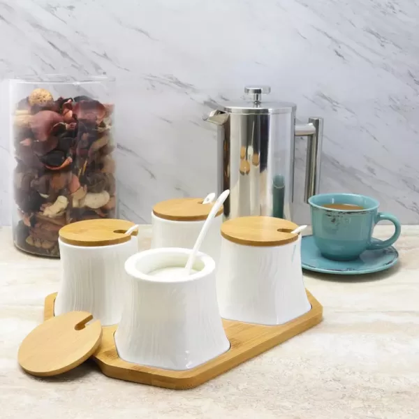 Elama Ceramic Condiment Jars with Bamboo Lids and Serving Spoons