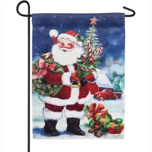 Evergreen 18 in. x 12.5 in. Christmas Barn Santa Garden Suede Flag