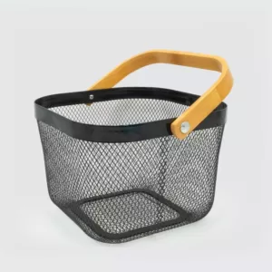 ExcelSteel Black Fruit Basket Iron Powdered Coating with Wooden Handle