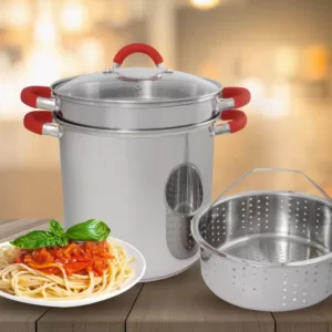 ExcelSteel 8 Qt. Stainless Steel Multi-Cooker Pasta Pot with Lid and Red Silicone Handles