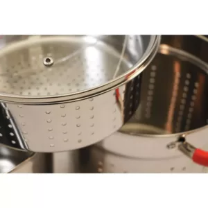 ExcelSteel 8 Qt. Stainless Steel Multi-Cooker Pasta Pot with Lid and Red Silicone Handles