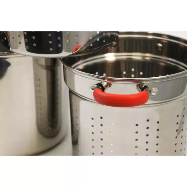 ExcelSteel 12 Qt. Stainless Steel Multi-Cooker Pasta Pot with Lid and Red Silicone Handles