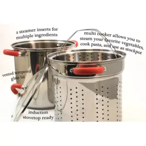 ExcelSteel 12 Qt. Stainless Steel Multi-Cooker Pasta Pot with Lid and Red Silicone Handles