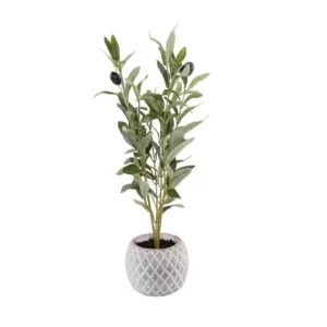 Flora Bunda 14 in. Faux Olive Branch in 4 in White Pineapple Pattern Cement Pot