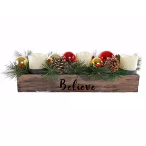 Flora Bunda 23 in. L Wood Believe Ledge Candle Holder with Pinecones and Berries