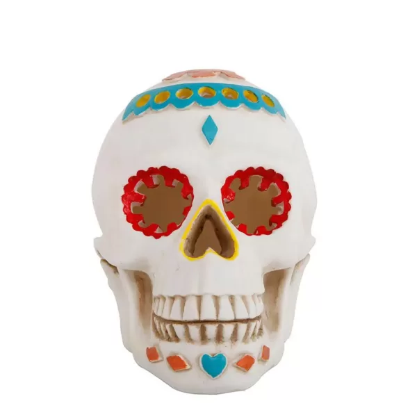 Flora Bunda 7 in. x 5 in. Polyresin Halloween Lighted Day of The Dead Skull with Color Changing LED Lights