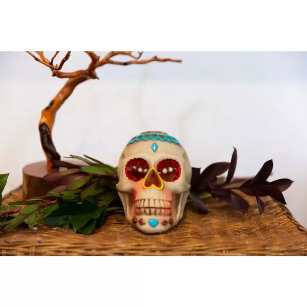 Flora Bunda 7 in. x 5 in. Polyresin Halloween Lighted Day of The Dead Skull with Color Changing LED Lights