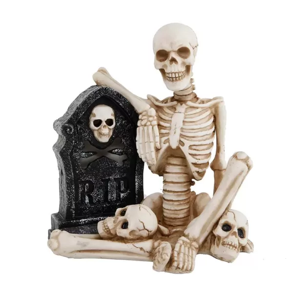 Flora Bunda 8 in. x 8.5 in. Polyresin Halloween Lighted Skeleton and Tombstone with Color Changing LED Lights