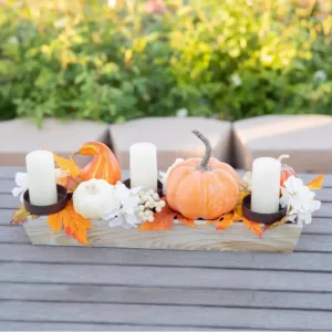 Flora Bunda 23 in. W x 9.25 in. H Fall Harvest Wood Ledge Pumpkin Arrangement Centerpiece Candle Holder with Fall Leaf and Berries