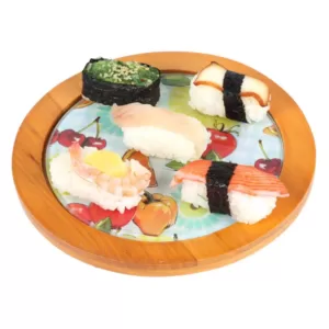 Creative Home 7.5 in. Round Tempered Glass Trivet Serving Board, Fruit Pattern with Solid Wood Trim