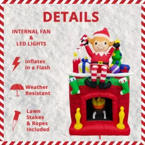 Fraser Hill Farm 6.5 ft. Pre-Lit Elf Sitting on a Fireplace Christmas Inflatable