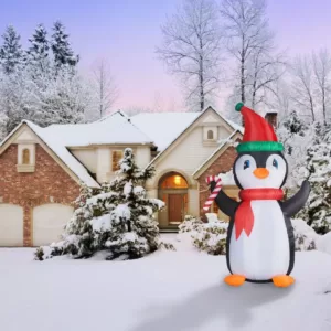 Fraser Hill Farm 10 ft. Penguin and Candy Cane Christmas Inflatable with Lights