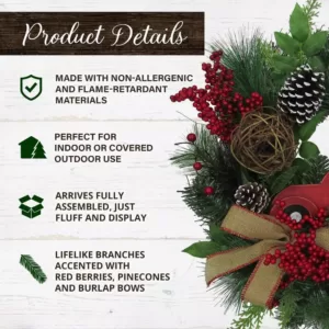 Fraser Hill Farm 24 in. Artificial Christmas Wreath with Pinecones, Burlap Bows and Wooden Truck Decoration