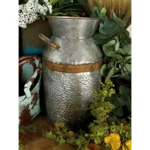 LITTON LANE 14 in. H Gray Galvanized Tin Decorative Milk Can with Rust Band Handles