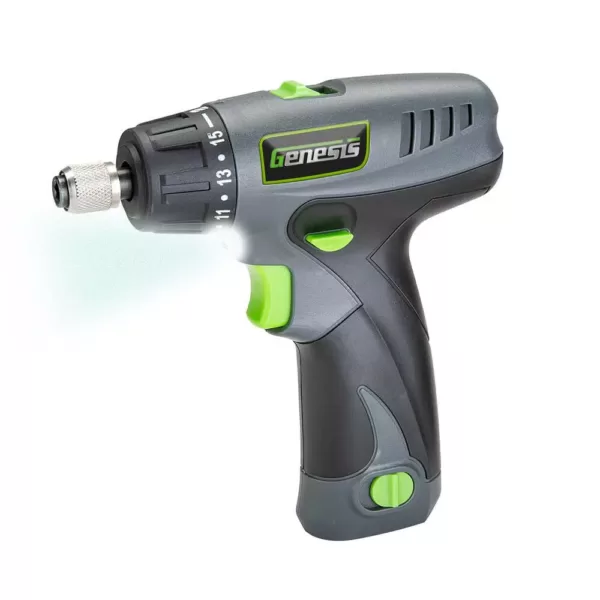 Genesis 8-Volt Lithium-Ion Cordless Quick-Change 2-Speed Screwdriver with LED Work Light, Battery Pack, Charger and 8 Bits