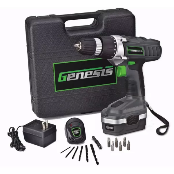 Genesis 18 -Volt Cordless Variable Speed Drill/Driver with Carrying Case, 13-Bit Assortment and Ni-Cad Battery Charger