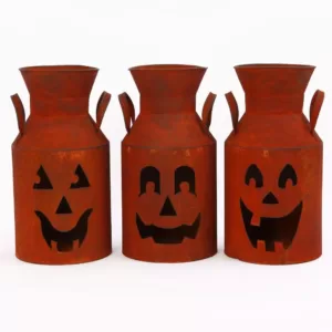 Gerson Rustic Metal Milk Can Jack-O-Lantern Luminaries (Set of 3)