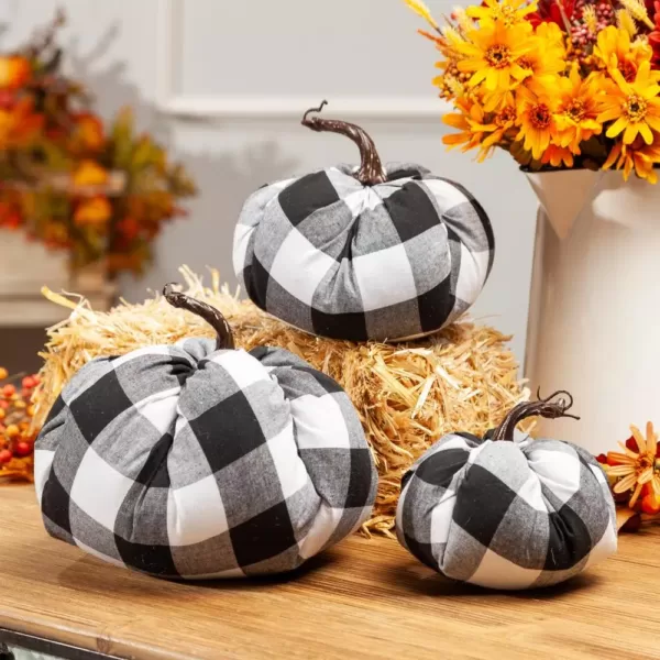 Gerson Assorted 6 in. H Sized Black and White Plaid Pumpkins Harvest Decor (Set of 3)