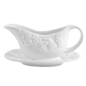 Gibson Home Fruitful 8 in. White Gravy Boat with Saucer