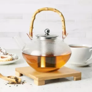 BonJour Tea Handblown Glass Zen Teapot with Stainless Steel Infuser and Bamboo Trivet, 34-Ounce