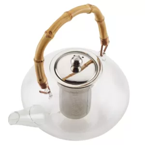 BonJour Tea Handblown Glass Zen Teapot with Stainless Steel Infuser and Bamboo Trivet, 34-Ounce