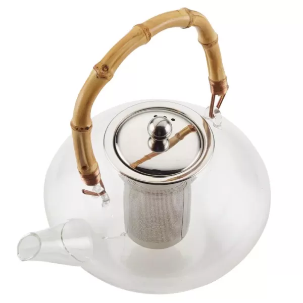 BonJour Tea Handblown Glass Zen Teapot with Stainless Steel Infuser and Bamboo Trivet, 34-Ounce